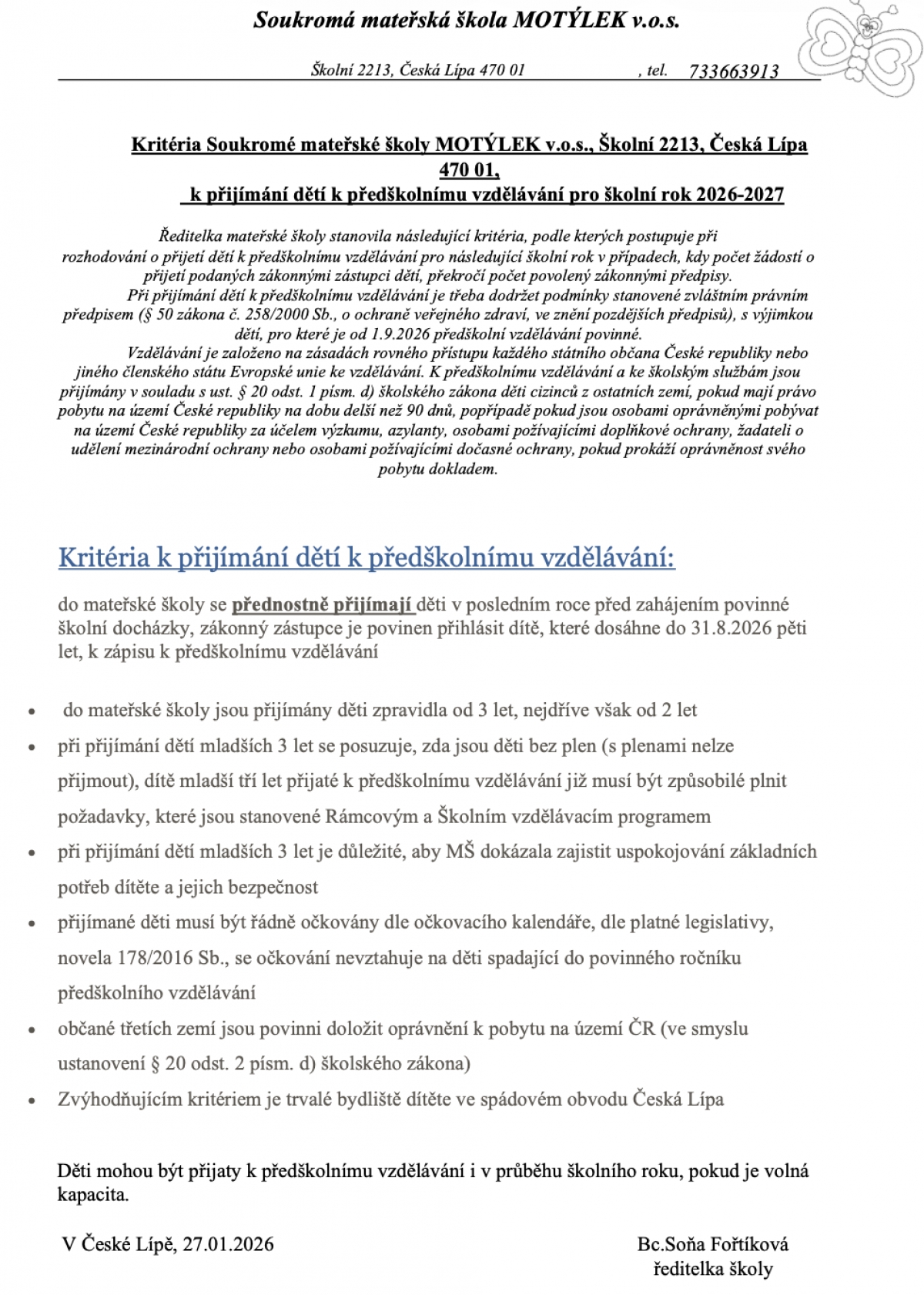 Kritéria pro přijetí dítěte do MŠ
